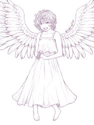 Rule 34 | 1girl, :d, bad id, bad pixiv id, bare shoulders, barefoot, dress, full body, harpy (puyopuyo), interlocked fingers, monochrome, oda takayuki, open mouth, own hands clasped, own hands together, puyopuyo, short hair, simple background, smile, solo, twitter username, white background, winks