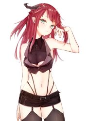 Rule 34 | 1girl, arm at side, arm up, armpits, bad id, bad pixiv id, bare arms, bare shoulders, black one-piece swimsuit, black shorts, black thighhighs, black vest, blush, braid, breasts, casual one-piece swimsuit, closed mouth, cowboy shot, cropped vest, expressionless, french braid, garter straps, green eyes, headgear, honotai, horns, long hair, looking at viewer, medium breasts, midriff, mole, mole on thigh, navel, one-piece swimsuit, original, red hair, shiny skin, short shorts, shorts, simple background, sleeveless, solo, standing, stomach, swimsuit, swimsuit under clothes, thigh gap, thighhighs, tsurime, underboob, vest, white background