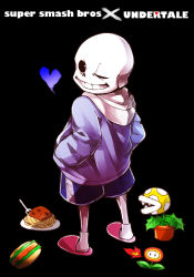 Rule 34 | 1boy, black background, copyright name, english text, fire flower, food, from behind, hands in pockets, highres, hot dog, male focus, nintendo, one eye closed, pasta, piranha plant, rio 717, sans (undertale), shorts, simple background, skeleton, slippers, solo, spaghetti, super smash bros., undertale