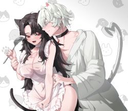 Rule 34 | 1boy, 1girl, absurdres, animal ears, apron, bad id, bad pixiv id, bathrobe, black hair, black vs white, blue eyes, cat boy, cat ears, cat girl, cat tail, choker, commission, couple, hand on another&#039;s hip, hetero, highres, holding another&#039;s wrist, long hair, male focus, naked apron, original, red eyes, rima (0136), see-through, short hair, spatula, tail, tail raised, very long hair, white hair