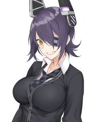 Rule 34 | 10s, 1girl, breasts, checkered clothes, checkered necktie, checkered neckwear, eyepatch, grin, headgear, highres, kantai collection, large breasts, looking at viewer, necktie, purple hair, short hair, simple background, smile, solo, tenryuu (kancolle), upper body, white background, yagitome87, yellow eyes