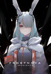 Rule 34 | 1girl, animal ears, areaaaron, arknights, black background, blue hair, blunt bangs, cape, closed mouth, frostnova (arknights), grey eyes, grey hair, hair over one eye, highres, looking at viewer, multicolored hair, one eye covered, rabbit ears, red pupils, solo, two-tone hair, upper body, white cape