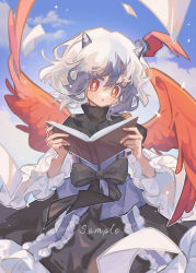 Rule 34 | 1girl, :o, black bow, black shirt, black skirt, blue sky, book, bow, bright pupils, cloud, feathered wings, feet out of frame, flying paper, frilled sleeves, frills, head wings, holding, holding book, horns, medium hair, multicolored hair, open book, open mouth, paper, purple hair, purple shirt, red eyes, red wings, shirt, single head wing, skirt, sky, solo, suelement, tokiko (touhou), touhou, two-tone hair, two-tone shirt, white hair, white pupils, wide sleeves, wings