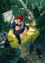 Rule 34 | 1girl, ainezu, barefoot, bikini, bikini top only, cat, couch, cup, green eyes, highres, md5 mismatch, mug, nature, navel, open clothes, original, paintbrush, pants, plant, red hair, resolution mismatch, short hair, sitting, solo, source larger, swimsuit, tree