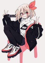 Rule 34 | 1girl, alternate costume, bad id, bad twitter id, black footwear, black jacket, blonde hair, bow, casual, character name, clothes writing, commentary, contemporary, double v, english text, full body, hair bow, highres, jacket, knees up, long sleeves, looking at viewer, medium hair, multicolored clothes, multicolored footwear, multicolored jacket, nail polish, open clothes, open jacket, open mouth, red footwear, red jacket, red nails, red ribbon, ribbon, rumia, shirt, shoes, smile, sneakers, solo, streetwear, touhou, tsumaseu, turtleneck, v, white footwear, white shirt