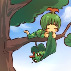 Rule 34 | 1990s (style), :3, = =, ahoge, androgynous, barefoot, biting, blush, blush stickers, caterpie, closed eyes, costume, creatures (company), eating, game freak, gen 1 pokemon, gender request, green hair, hitec, in tree, leaf, moemon, nintendo, personification, pokemon, pokemon (creature), pokemon rgby, retro artstyle, tree