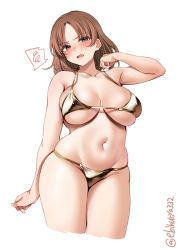Rule 34 | 1girl, arm at side, armpit crease, bare arms, bare shoulders, bikini, blush, breasts, brown hair, chiyoda (kancolle), cleaver, collarbone, cropped legs, ebifurya, gold bikini, groin, hand up, highres, kantai collection, large breasts, looking at viewer, navel, one-hour drawing challenge, open mouth, parted bangs, simple background, skindentation, solo, speech bubble, spoken squiggle, squiggle, swimsuit, thighs, twitter username, white background