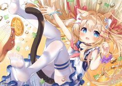 Rule 34 | 1girl, :d, animal ear fluff, animal ears, ass, blonde hair, blue eyes, blue sailor collar, blush, brown footwear, cat ears, commentary request, crocs, dress, fang, flower, hair between eyes, hair flower, hair ornament, hair ribbon, hairclip, highres, leg up, long hair, looking at viewer, no shoes, open mouth, original, outstretched arm, pantyhose, red ribbon, ribbon, sailor collar, sailor dress, shoes, unworn shoes, siera (sieracitrus), sleeveless, sleeveless dress, smile, soles, solo, thighband pantyhose, twintails, very long hair, white dress, white flower, white pantyhose