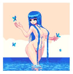 Rule 34 | 1girl, blue eyes, blue hair, blunt bangs, borrowed character, breasts, bug, butterfly, censored, censored nipples, convenient censoring, feet out of frame, horizon, insect, kelda (akairiot), large breasts, liquid hair, navel, noscium, nude, open mouth, original, outdoors, partially submerged, pixel art, smile, solo, water