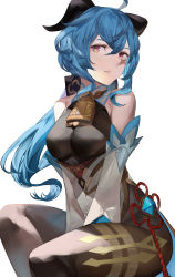Rule 34 | ahoge, bare shoulders, bell, between legs, black legwear, blazpu, blue hair, bodystocking, bow, breasts, chinese knot, detached sleeves, flower knot, ganyu (genshin impact), genshin impact, gold trim, hand between legs, highres, horns, long hair, looking at viewer, low ponytail, medium breasts, multicolored eyes, neck bell, red rope, rope, sidelocks, sitting, solo, thighlet, vision (genshin impact), white background, white sleeves