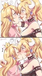 Rule 34 | !?, 1girl, 2koma, armlet, bare shoulders, black collar, black dress, black nails, blonde hair, blue eyes, blush, borrowed design, bowsette, breasts, cleavage, collar, comic, commentary request, crown, dress, earrings, closed eyes, fingernails, from side, gender request, genderswap, highres, horns, jewelry, kiss, large breasts, looking at another, mario (series), nail polish, new super mario bros. u deluxe, nintendo, open mouth, pink dress, pointy ears, princess peach, sharp fingernails, sharp teeth, sparkle, spiked armlet, spiked collar, spikes, spoken interrobang, strapless, strapless dress, super crown, surprised, sweatdrop, teeth, transformation, yukari (bryleluansing), yuri
