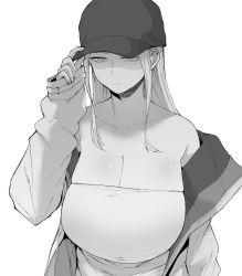 Rule 34 | 1girl, armpit crease, black headwear, breasts, cleavage, collarbone, expressionless, greyscale, half-closed eyes, hat, highres, holding, holding clothes, holding hat, huge breasts, jacket, jacket partially removed, jitome, looking away, monochrome, off-shoulder shirt, off shoulder, open clothes, open jacket, original, ricochet-gou, shaded face, shirt, simple background, sleeveless, sleeveless shirt, sleeves past wrists, upper body, white background