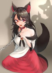 Rule 34 | 3girls, animal ears, blush, breasts, brooch, brown hair, chain, chain leash, commentary request, dress, fang, full body, gem, grass root youkai network, highres, imaizumi kagerou, jewelry, ke-su, large breasts, leash, long hair, long sleeves, multiple girls, open mouth, out of frame, red eyes, red gemstone, red skirt, sekibanki, shadow, single bare shoulder, skirt, slit pupils, solo focus, tail, touhou, wakasagihime, white dress, wolf ears, wolf girl, wolf tail