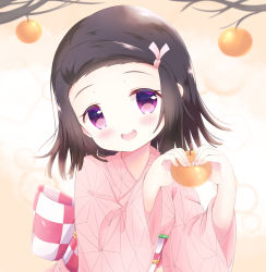 Rule 34 | 1girl, :d, aged down, blush, bow, branch, brown hair, checkered bow, checkered clothes, checkered sash, commentary, english commentary, fingernails, food, forehead, hair ribbon, hands up, head tilt, highres, holding, holding food, japanese clothes, kamado nezuko, kimetsu no yaiba, kimono, long sleeves, nail polish, obi, open mouth, parted bangs, pink kimono, pink nails, pink ribbon, purple eyes, renew vivi, ribbon, round teeth, sash, smile, solo, teeth, upper body, upper teeth only, wide sleeves
