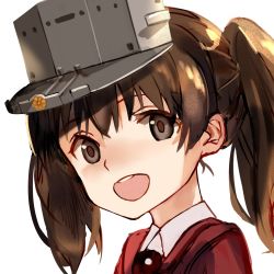 Rule 34 | 1girl, :d, brown eyes, brown hair, highres, jacket, kantai collection, looking at viewer, luicent, medium hair, open mouth, red jacket, round teeth, ryuujou (kancolle), simple background, smile, solo, teeth, upper body, upper teeth only, visor cap, white background