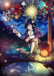 Rule 34 | 1boy, absurdres, androgynous, aqua hair, black hair, braid, chinese new year, closed eyes, commission, fireworks, flower, genshin impact, gradient hair, grass, green shorts, hair flower, hair ornament, highres, jacket, lkari shi, long sleeves, male focus, multicolored hair, night, night sky, on grass, open mouth, river, shoes, shorts, sky, solo, twin braids, venti (genshin impact)