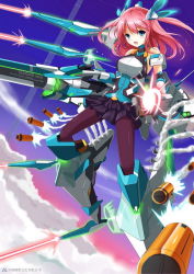 Rule 34 | 1girl, :d, armor, beam, black pantyhose, blue eyes, blush, crystal gate, energy, fatkewell, floating, flying, full body, funnels (gundam), gun, headgear, looking at viewer, machinery, mecha musume, missile, open mouth, pantyhose, pink hair, rifle, skirt, sky, smile, weapon
