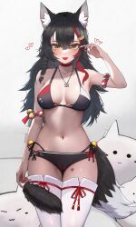 Rule 34 | 1girl, absurdres, animal ear fluff, animal ears, bare shoulders, bikini, black bikini, black hair, blush, breasts, choker, cleavage, commentary, english commentary, fang, flipped hair, hair between eyes, hair ornament, hairclip, highres, hololive, kkato, large breasts, long hair, looking at viewer, multicolored hair, navel, ookami mio, open mouth, red choker, red hair, skin fang, smile, solo, streaked hair, swimsuit, tail, tail around own leg, tail wrap, thighhighs, virtual youtuber, white thighhighs, wolf ears, wolf girl, wolf tail, yellow eyes