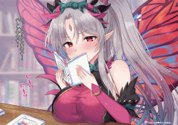 Rule 34 | 1girl, awayuki ramika, bare shoulders, blurry, blurry background, blush, breast rest, breasts, breasts on table, butterfly wings, detached sleeves, facial mark, fairy wings, fire emblem, fire emblem heroes, forehead mark, grey hair, indoors, insect wings, large breasts, nintendo, plant, plumeria (fire emblem), pointy ears, reading, red eyes, solo, table, thorns, translation request, twitter username, vines, wings, wooden table