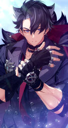 Rule 34 | 1boy, absurdres, animal ears, black gloves, black hair, coat, earrings, fingerless gloves, fur trim, genshin impact, gloves, hair between eyes, hand on own wrist, highres, jewelry, looking at viewer, male focus, multicolored hair, necktie, onimoti, parted lips, red necktie, scar, scar on arm, short hair, simple background, slit pupils, solo, streaked hair, upper body, v-shaped eyebrows, wriothesley (genshin impact)