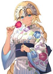 Rule 34 | 1girl, :o, absurdres, akae neo, blonde hair, blue eyes, blue kimono, blush, braid, breasts, candy apple, commentary request, fate/grand order, fate (series), floral print, food, hair between eyes, headpiece, highres, holding, holding food, japanese clothes, jeanne d&#039;arc (fate), jeanne d&#039;arc (ruler) (fate), kimono, long hair, long sleeves, looking at viewer, medium breasts, obi, parted lips, print kimono, sash, simple background, single braid, solo, striped clothes, striped kimono, vertical-striped clothes, vertical-striped kimono, very long hair, white background, white kimono, wide sleeves