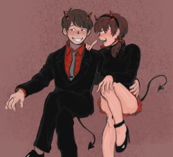 Rule 34 | 10s, 1boy, 1girl, bad id, bad twitter id, black suit, brown hair, crossed legs, demon horns, demon tail, evil smile, fangs, formal, grey necktie, hair ribbon, hairband, hand on shoulder, horns, invisible chair, low twintails, matsuno osomatsu, necktie, osomatsu-kun, osomatsu-san, osomatsu (series), red eyes, ribbon, short twintails, simple background, sitting, skirt, smile, suit, swept bangs, tail, takktagu, turtleneck, twintails, yowai totoko