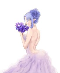 Rule 34 | 1girl, alternate hairstyle, backless outfit, bare back, bare shoulders, blue eyes, blue hair, bouquet, braid, choker, crown braid, dress, earrings, fate/grand order, fate (series), flower, hair bun, hair up, hz (hae za), jewelry, medea (fate), pink dress, pointy ears, poorly drawn, single hair bun, solo, strapless, strapless dress