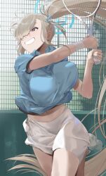 Rule 34 | 1girl, asuna (blue archive), asymmetrical bangs, blue archive, blue shirt, blush, bouncing breasts, breasts, hair over one eye, halo, highres, holding tennis racket, kuu (user gngs5284), large breasts, light brown hair, long hair, navel, one eye covered, outdoors, ponytail, shirt, skirt, smile, solo, standing, standing on one leg, tennis, very long hair, white skirt, wristband