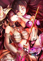 Rule 34 | 2girls, :d, armpits, bare shoulders, bell, black hair, blush, breasts, detached sleeves, eyeshadow, facial tattoo, fur trim, highres, holding, holding sword, holding weapon, horns, jingle bell, kyukyutto (denryoku hatsuden), large breasts, lipstick, long hair, long sleeves, lying, mahou shoujo ikusei keikaku, mahou shoujo ikusei keikaku jokers, makeup, medium breasts, multiple girls, on back, on side, one eye closed, open mouth, parted lips, pink eyes, pink legwear, pity frederica, profile, red lips, sideways mouth, smile, spoilers, stanczyka, star tattoo, sword, tattoo, thighhighs, very long hair, weapon