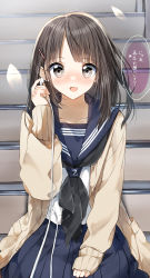Rule 34 | 1girl, :d, absurdres, black hair, black neckerchief, blue sailor collar, blue skirt, blush, brown cardigan, brown eyes, brown hair, cardigan, commentary, earbuds, earphones, hair ornament, hairclip, hand up, highres, holding, holding earphones, long hair, long sleeves, looking at viewer, neckerchief, nose blush, open cardigan, open clothes, open mouth, original, pentagon (railgun ky1206), pleated skirt, sailor collar, school uniform, serafuku, shirt, sitting, sitting on stairs, skirt, sleeves past wrists, smile, solo, stairs, translated, white shirt