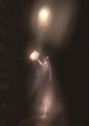 Rule 34 | 1girl, barefoot, book, bookshelf, cha, covered mouth, dark, female focus, from side, hat, indoors, library, light rays, long hair, mob cap, patchouli knowledge, purple hair, solo, standing, sunbeam, sunlight, touhou, voile, window