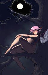 Rule 34 | 1girl, ^ ^, absurdres, anchors (mono eye os), animal ears, ass, backlighting, barefoot, blush, branch, breasts, closed eyes, completely nude, convenient censoring, closed eyes, feathered wings, from side, full moon, highres, huge breasts, in tree, legs, looking at viewer, moon, moonlight, mystia lorelei, night, nude, outdoors, pink hair, plump, short hair, sitting, sitting in tree, smile, solo, thick thighs, thighs, touhou, tree, wings, zenra
