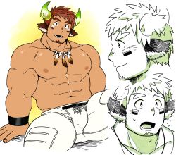 Rule 34 | 1boy, abs, animal ears, bara, blush, brown hair, bulge, close-up, cowboy shot, ezaki papiko, facial hair, feathers, fiery horns, forked eyebrows, glowing horns, highres, horns, large pectorals, male focus, muscular, nipples, pectorals, portrait, short hair, sportswear, thick eyebrows, thick thighs, thighs, tokyo houkago summoners, toned, toned male, topless male, upper body, wakan tanka