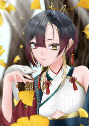Rule 34 | 1girl, absurdres, black hair, blonde hair, blurry, blurry background, brown hair, closed mouth, earrings, falling leaves, flower knot, gradient hair, heterochromia, highres, japanese clothes, jewelry, kannagi loki, kimono, leaf, multicolored hair, mutchan 0701, phase connect, phase connect jp, red eyes, red nails, red tassel, short hair with long locks, snake, tree, upper body, virtual youtuber, white kimono, yellow eyes