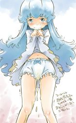 Rule 34 | 10s, 1girl, bad id, bad pixiv id, bloomers, blue eyes, blue hair, clothes lift, dress, dress lift, embarrassed, happinesscharge precure!, highres, long hair, matching hair/eyes, panties, pee, peeing, peeing self, precure, sekihan, shirayuki hime, solo, tears, underwear