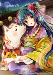 Rule 34 | 1girl, animal, blue hair, blush, company name, dog, flower, hair flower, hair ornament, headpat, jewelry, long hair, looking at viewer, moon, necklace, night, night sky, outdoors, parted lips, picpicgram, ponytail, shinkai no valkyrie, sitting, sky, smile, yellow eyes
