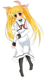 Rule 34 | 00s, 1girl, black pantyhose, blonde hair, capelet, dress, fate testarossa, full body, long sleeves, looking at viewer, lyrical nanoha, mahou shoujo lyrical nanoha, mahou shoujo lyrical nanoha a&#039;s, pantyhose, red eyes, red ribbon, ribbon, school uniform, simple background, solo, standing, sw (taco), twintails, uniform, white background, white dress