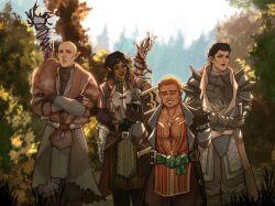 Rule 34 | 2boys, 2girls, armor, bald, black hair, brown hair, cassandra pentaghast, chest hair, closed eyes, cowboy shot, crossed arms, dark-skinned female, dark skin, day, dragon age, dragon age: inquisition, dwarf, earrings, elf, facial scar, facial tattoo, forest, fur-trimmed armor, fur trim, hejee, highres, inquisitor (dragon age), jewelry, looking at another, looking to the side, mature male, medium hair, multiple boys, multiple girls, nature, necklace, orange hair, outdoors, pectoral cleavage, pectorals, pointy ears, scar, scar on cheek, scar on face, short hair, smile, solas, tattoo, varric tethras
