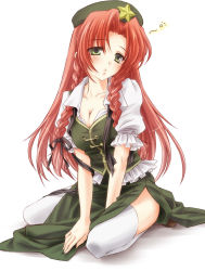 Rule 34 | 1girl, alternate eye color, beret, braid, breasts, chinese clothes, cleavage, female focus, green eyes, hat, highres, hong meiling, long hair, monety, red hair, side slit, sitting, sleepy, solo, star (symbol), thighhighs, touhou, twin braids, white thighhighs