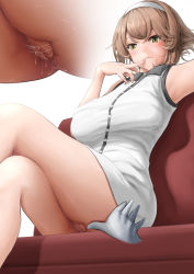 Rule 34 | 1girl, armpits, breasts, brown hair, censored, closed mouth, couch, crossed legs, dress, finger to mouth, flipped hair, gloves, green hair, headband, kantai collection, kasu (kasunohikari), large breasts, looking at viewer, mosaic censoring, mutsu (kancolle), pov, pov hands, pussy, pussy juice, short hair, simple background, sitting, sleeveless, sleeveless dress, solo focus, thighs, white background, white dress, white gloves, white headband