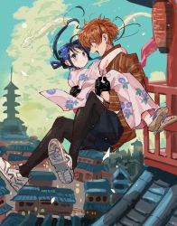 Rule 34 | 1boy, 1girl, aqua eyes, architecture, arm around shoulder, black gloves, blue eyes, blue hair, brush stroke, character request, check copyright, city, commentary request, copyright request, day, dragon, east asian architecture, eastern dragon, fantasy, flower, gloves, hair flower, hair ornament, highres, japanese clothes, jumping, kimono, lantern, looking at another, open mouth, original, outdoors, paper lantern, red hair, rooftop, sandals, shoes, sneakers, umibatari