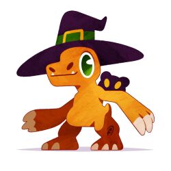 Rule 34 | agumon, botamon, claws, digimon, digimon (creature), fangs, green eyes, hat, highres, looking at viewer, shadow, witch hat, yellow eyes