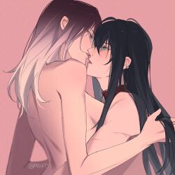 Rule 34 | 2girls, black hair, breasts, chinese commentary, collar, commentary request, earclip, eye contact, film grain, gradient hair, grey eyes, highres, imminent kiss, looking at another, medium breasts, miix777, multicolored hair, multiple girls, nude, parted lips, path to nowhere, pink background, purple hair, rahu (path to nowhere), scar, scar across eye, scar on arm, shalom (path to nowhere), sitting, sitting on lap, sitting on person, twitter username, upper body, white hair, yuri