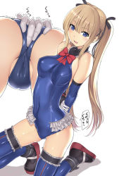 Rule 34 | 1girl, anal, anal fingering, arms behind back, ass, bare shoulders, blonde hair, blue eyes, blue one-piece swimsuit, blue thighhighs, bow, breasts, bridal garter, cameltoe, cleft of venus, close-up, covered navel, dead or alive, dead or alive 5, detached sleeves, female focus, female masturbation, fingering, fingering through clothes, frilled leotard, frilled thighhighs, frills, from below, gloves, hair between eyes, hair ribbon, hakaba (dairiseki), highres, impossible clothes, impossible leotard, kneeling, large breasts, leotard, long hair, looking at viewer, marie rose, masturbation, masturbation through clothes, one-piece swimsuit, open mouth, partially visible vulva, ribbon, skin tight, smile, solo, swimsuit, thighhighs, thighs, through clothes, trembling, twintails, very long hair, white gloves