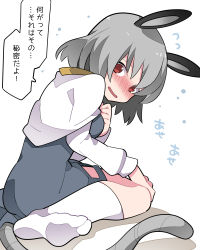 Rule 34 | 1girl, animal ears, blush, breasts, capelet, commentary request, dress, full body, grey dress, grey hair, hammer (sunset beach), highres, long sleeves, looking at viewer, medium breasts, mouse ears, mouse girl, mouse tail, nazrin, no shoes, nose blush, open mouth, red eyes, shirt, short hair, simple background, sitting, socks, solo, tail, touhou, translation request, wariza, white background, white capelet, white shirt