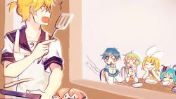 Rule 34 | 2boys, 4girls, ^^^, apron, aqua hair, arm support, bass clef, black collar, blonde hair, blouse, blue hair, blue scarf, blush, bow, collar, collared shirt, commentary, cooking, closed eyes, fang, flipping food, food, fork, frying pan, green hair, gumi, hair bow, hair ornament, hairclip, hatsune miku, head rest, headphones, hikusa, holding, holding fork, holding spatula, hungry, kagamine len, kagamine rin, kaito (vocaloid), looking back, megurine luka, mouth hold, multiple boys, multiple girls, o o, octopus, open mouth, pancake, plate, sailor collar, scarf, school uniform, shirt, short ponytail, short sleeves, sidelocks, sitting, spatula, table, takoluka, translated, utensil in mouth, vocaloid, white bow, white shirt