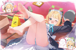 Rule 34 | !, !!, &gt; &lt;, 2girls, animal ear headphones, animal ears, apron, bandaid, bandaid on head, bare legs, barefoot, black dress, blonde hair, blue archive, blue panties, blue ribbon, blush, box, broom, bucket, cardboard box, chibi, chibi inset, chinese commentary, commentary request, crossed bandaids, crying, doodle sensei (blue archive), dress, fake animal ears, fallen down, feet, frilled dress, frills, green eyes, green halo, halo, headphones, long sleeves, looking at viewer, lying, maid apron, maid headdress, midori (blue archive), midori (maid) (blue archive), momoi (blue archive), multiple girls, neck ribbon, official alternate costume, on back, one eye closed, open mouth, painter-lhb, panties, peroro (blue archive), ribbon, rug, sensei (blue archive), siblings, sisters, soles, speech bubble, streaming tears, tears, toes, twins, underwear, white apron, wooden floor