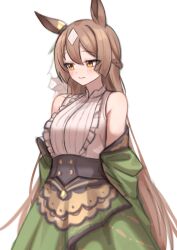 Rule 34 | 1girl, animal ears, armpit crease, bare shoulders, blush, breasts, brown hair, center frills, closed mouth, frills, green skirt, high-waist skirt, highres, horse ears, katuko deluxe, large breasts, long hair, looking to the side, off shoulder, satono diamond (umamusume), shirt, simple background, skirt, solo, umamusume, upper body, white background, white shirt, yellow eyes