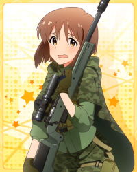 Rule 34 | 10s, 1girl, blush, bolt action, brown eyes, brown hair, camouflage, gloves, gun, hagiwara yukiho, idolmaster, idolmaster (classic), idolmaster million live!, looking at viewer, military operator, official art, rifle, scope, short hair, smile, sniper rifle, solo, weapon, yellow background