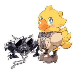 Rule 34 | alpha (ff14), blue eyes, blush, bow, bowtie, brown footwear, brown jacket, brown socks, brown suit, brown vest, chocobo, final fantasy, final fantasy xiv, formal, from side, full body, grey bow, grey bowtie, jacket, kmitty, looking at viewer, no humans, omega (final fantasy), plaid, plaid bow, plaid bowtie, plaid socks, robot, shoes, simple background, socks, suit, sunglasses, vest, white background